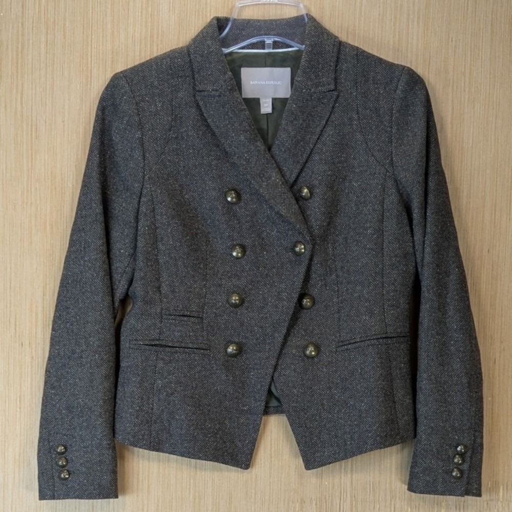Banana Republic Heritage Military Tweed Blazer Jacket 8 Petite Brown Wool Blend
